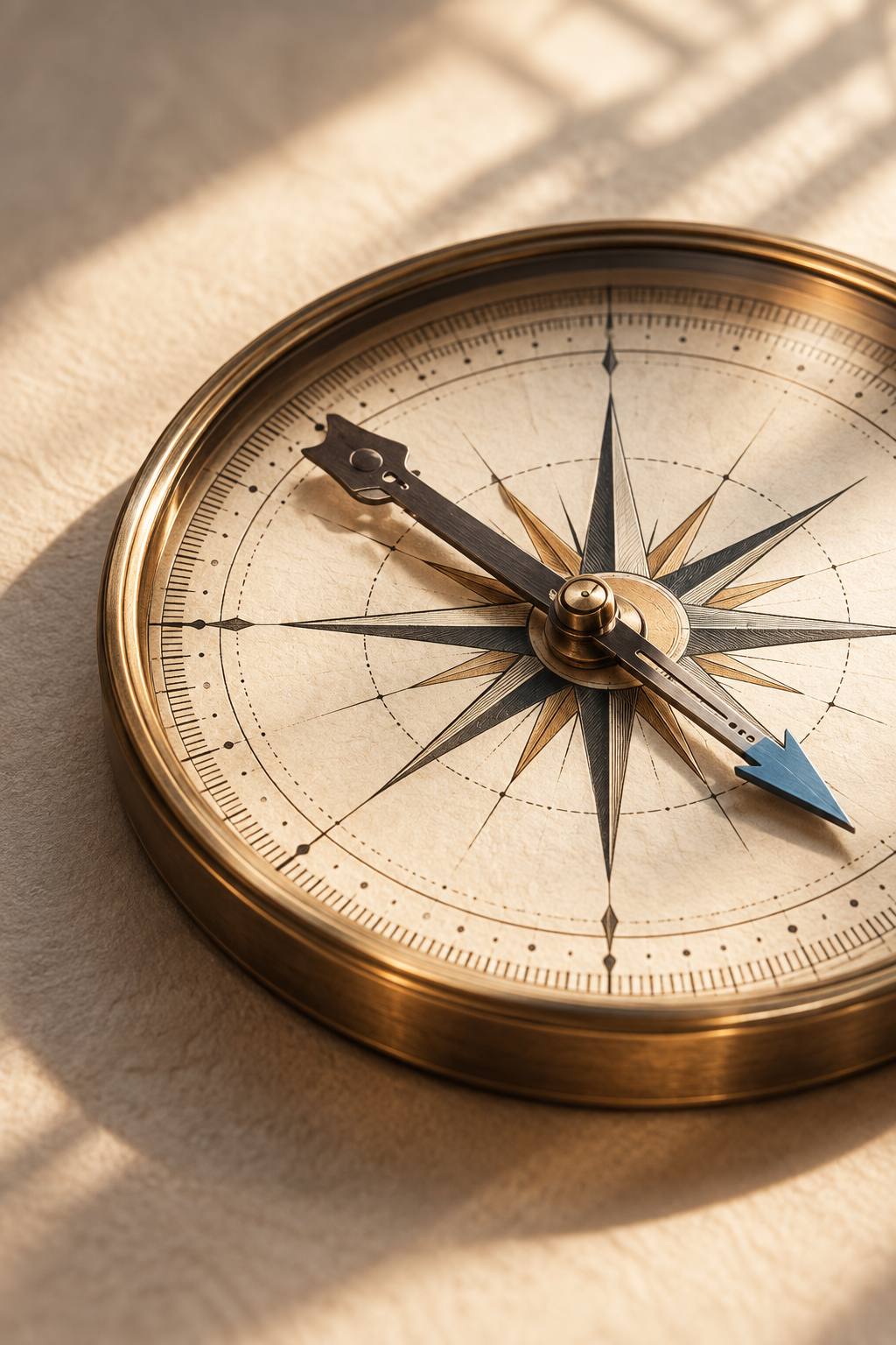 An antique compass with a dark directional needle and bronze details on ivory paper